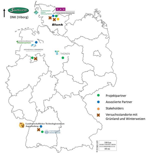Deutschlandkarte mit eingezeichneten Versuchsstandorten